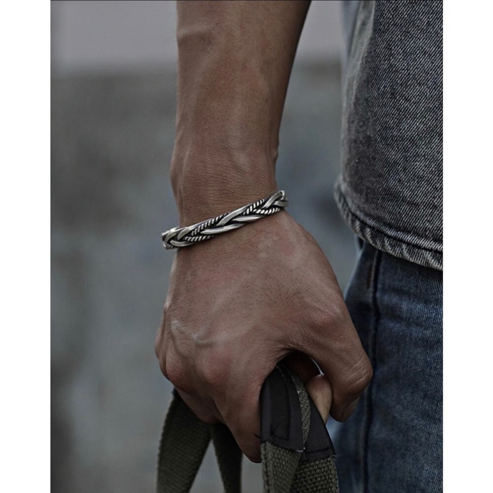 S925 Style Twisted Woven Cuff Bangle, Retro Thai, Unisex Jewelry